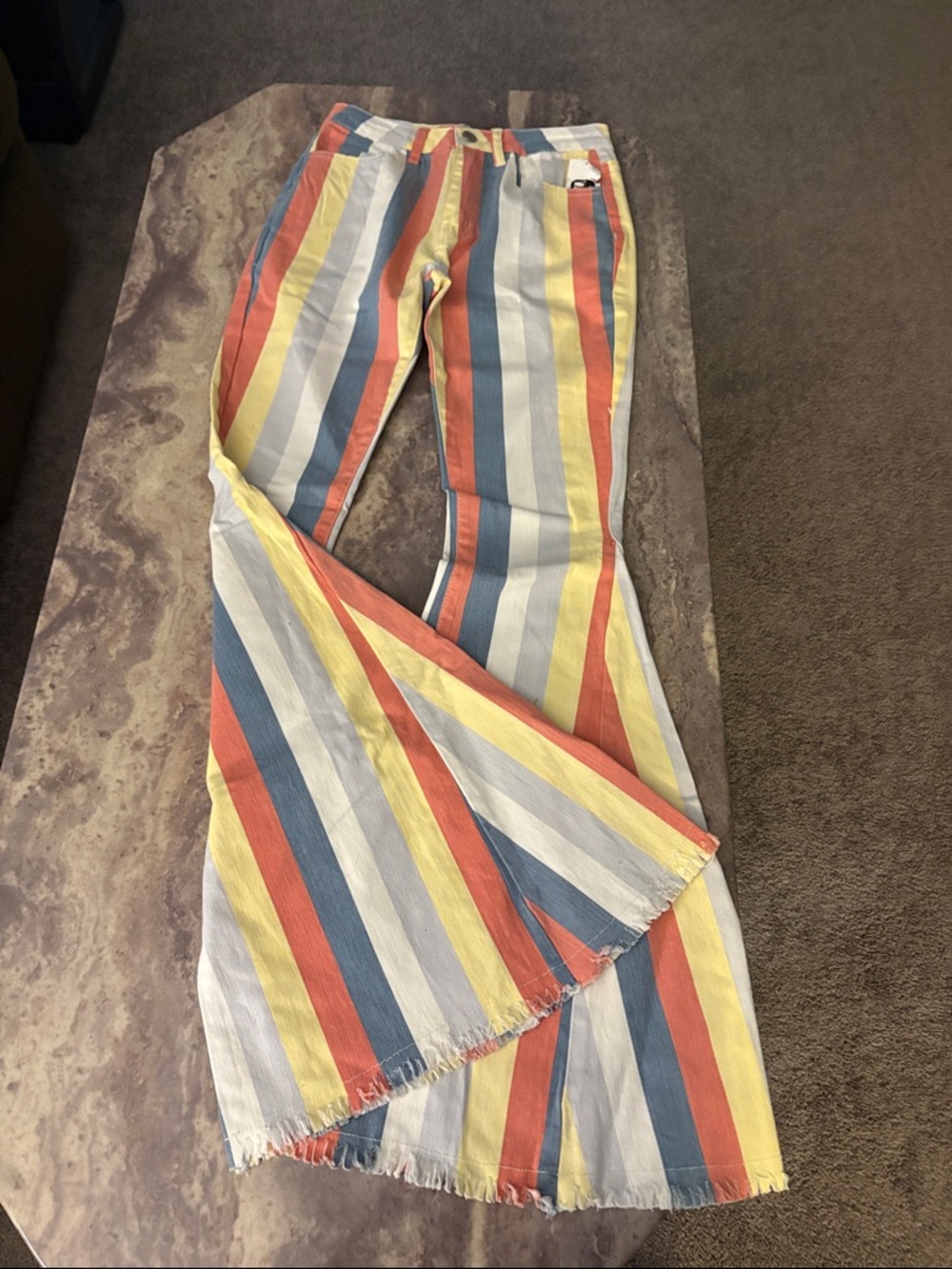 Buckle Striped Flare Jeans in Orange, Yellow, Blue, White